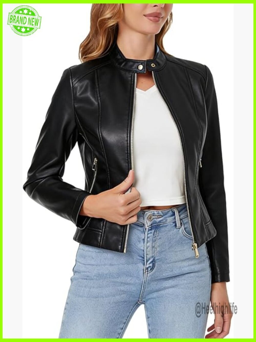 Slim Fit Faux Leather Moto Jacket, Long Sleeve Zip Front, Short Length